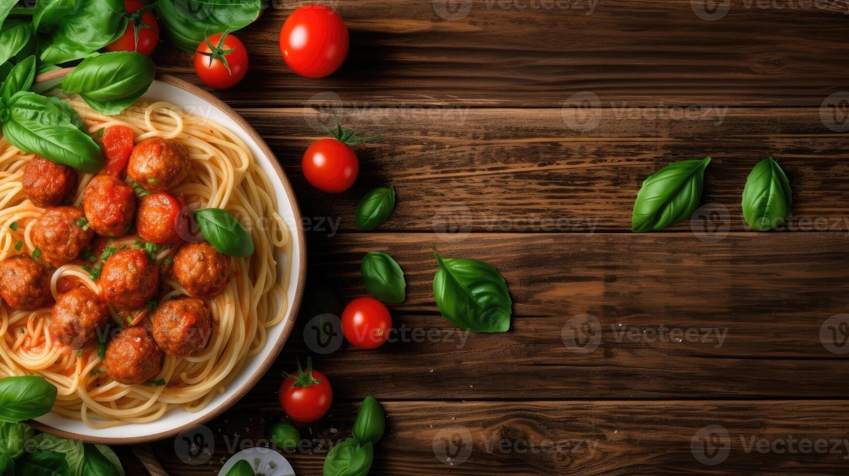 topo Visão do lindo delicioso tomate espaguete com cópia de espaço, famoso italiano prato. generativo ai foto