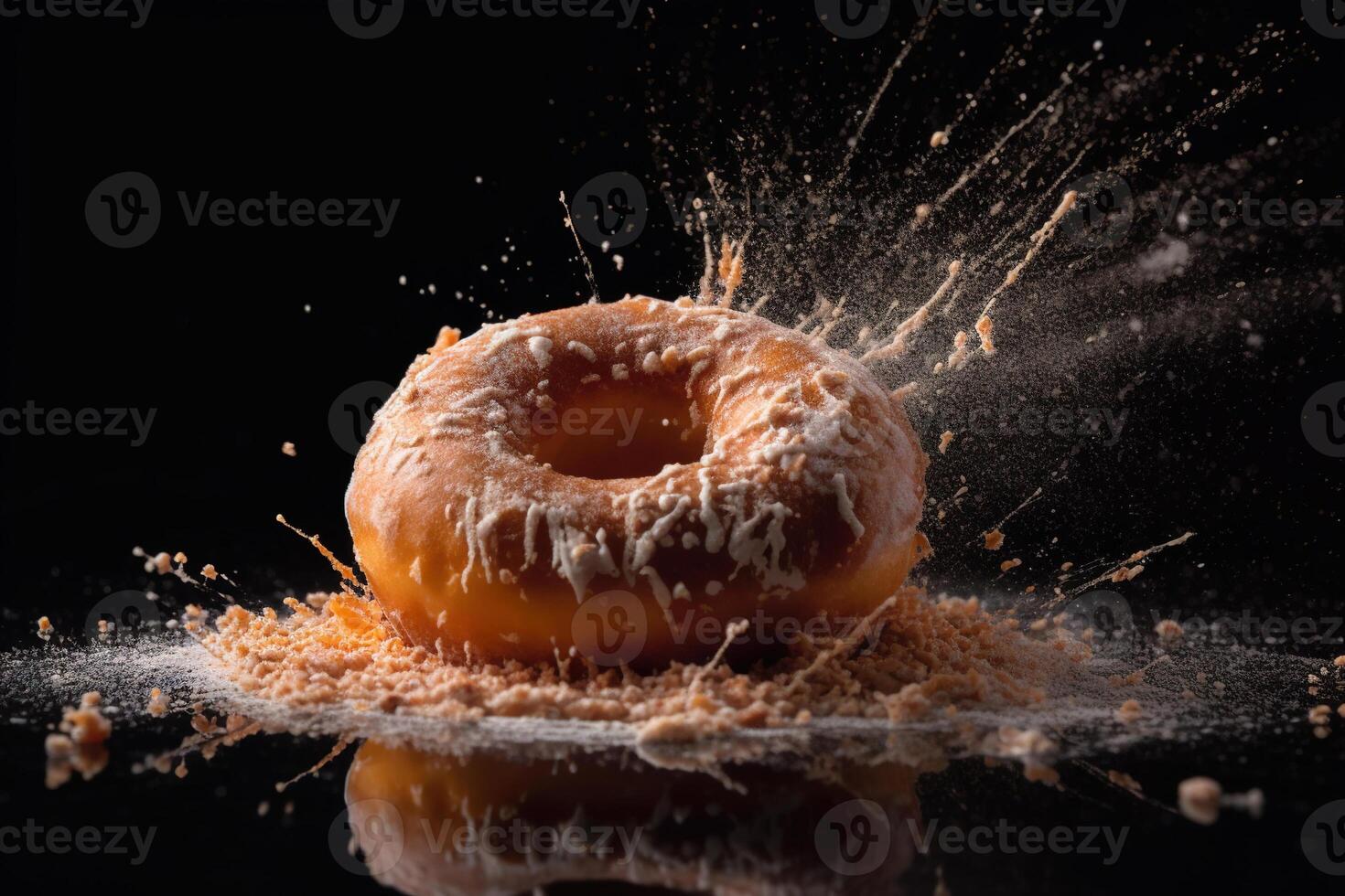 rosquinha expressivo tiro com cobertura e açúcar pó splash. saboroso rosquinha Comida estilo imagem. generativo ai. foto