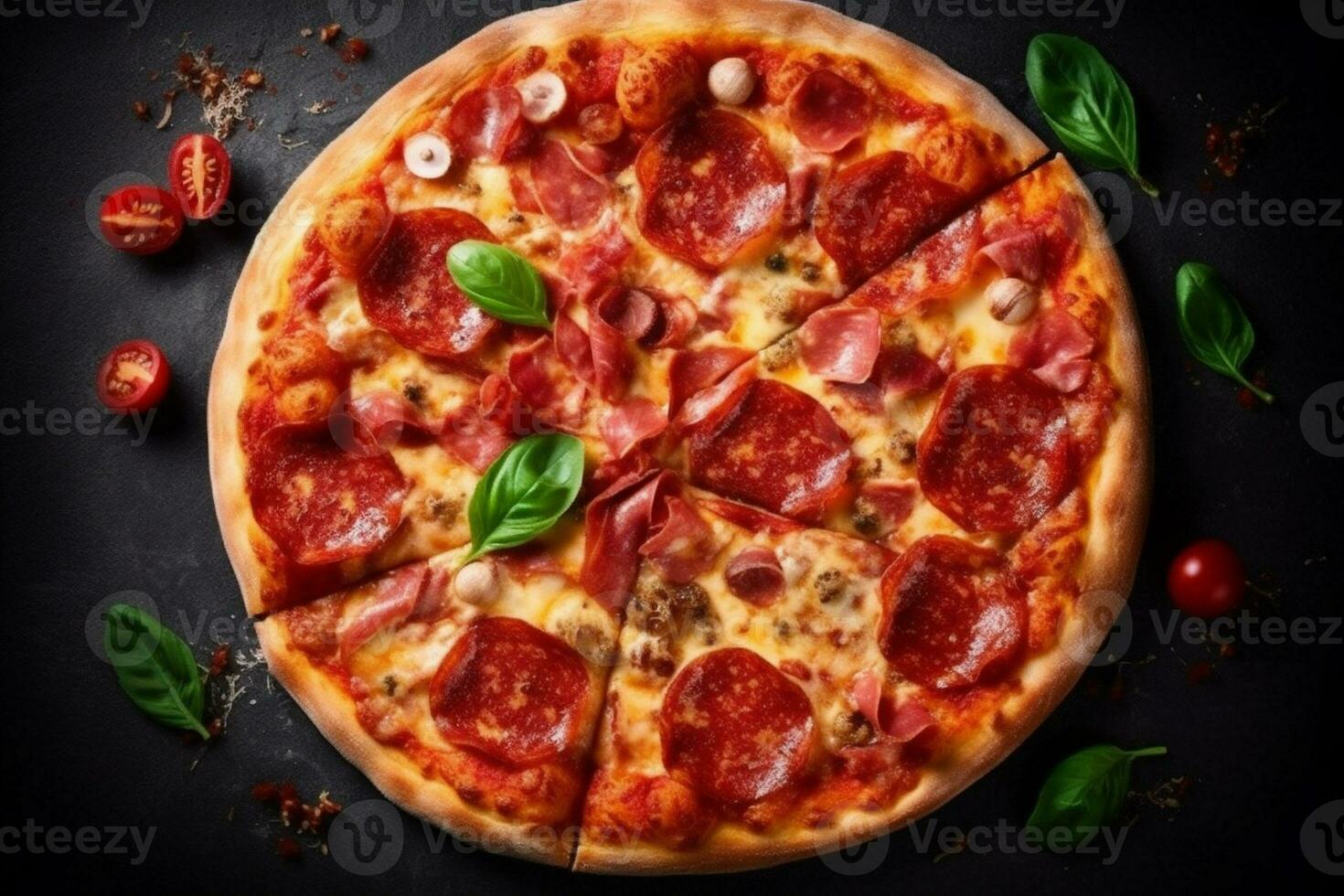 Comida Comida queijo pizza cópia de refeição tomate velozes Preto fundo italiano caseiro espaço. generativo ai. foto