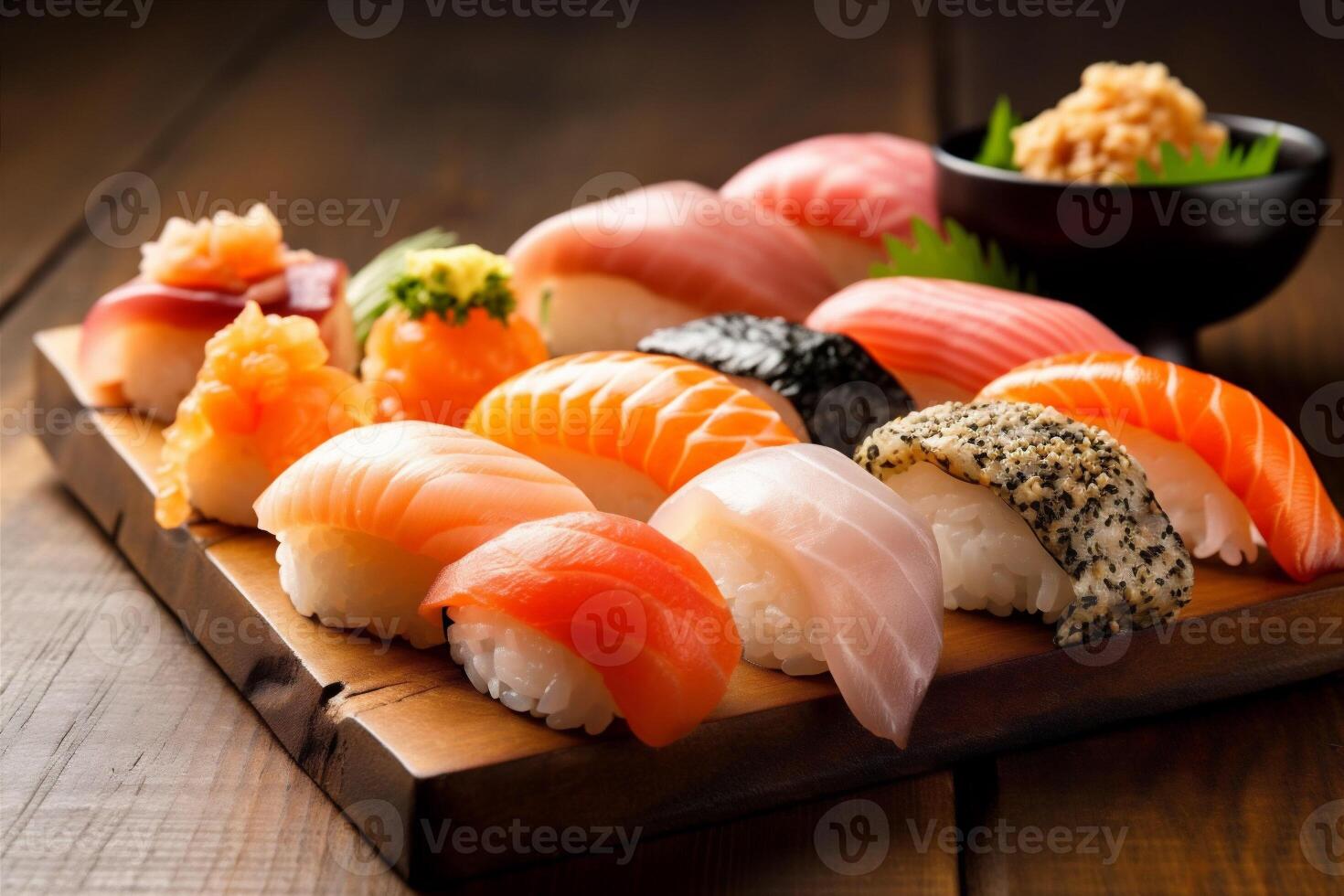 lista Comida frutos do mar conjunto arroz Sushi refeição peixe japonês Japão. generativo ai. foto