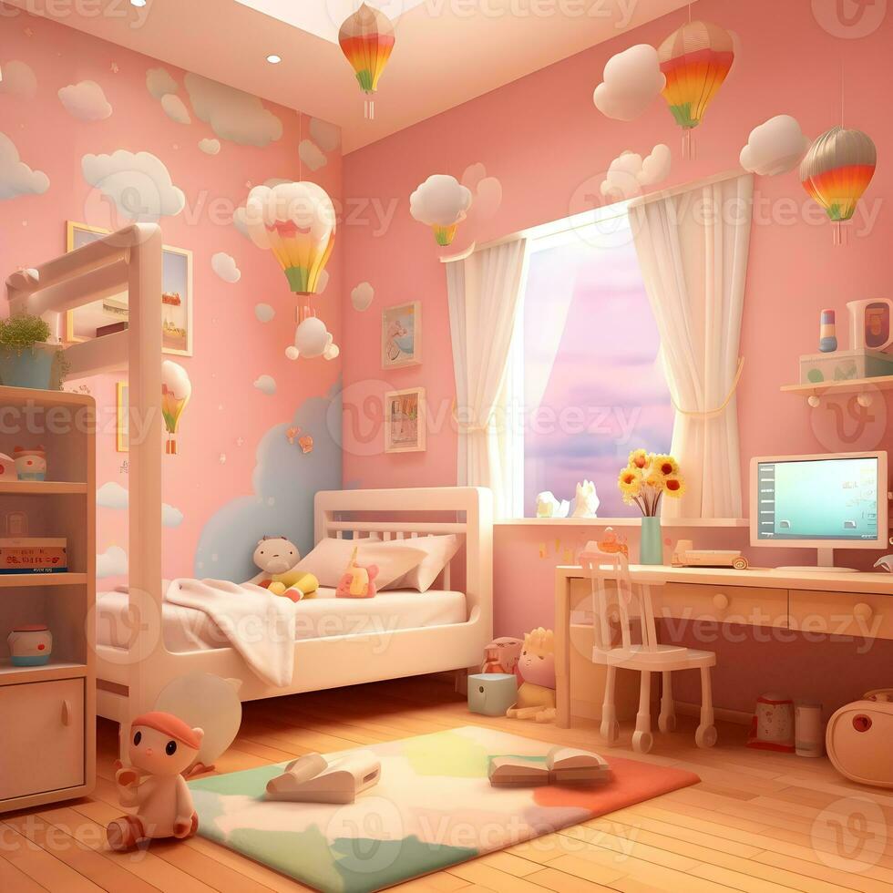 3d render do fofa quartos de dormir com Área de Trabalho ilustrações, fofa crianças quarto ilustrações foto