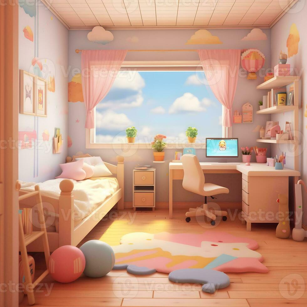 3d render do fofa quartos de dormir com Área de Trabalho ilustrações, fofa crianças quarto ilustrações foto