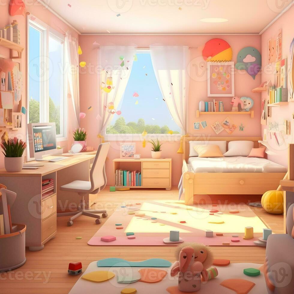 3d render do fofa quartos de dormir com Área de Trabalho ilustrações, fofa crianças quarto ilustrações foto