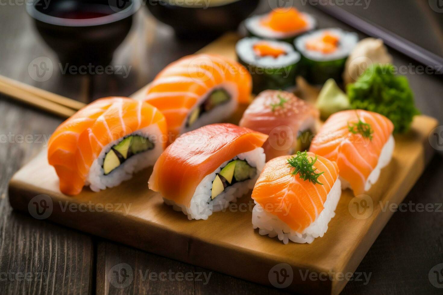 conjunto lista frutos do mar Sushi japonês peixe Comida arroz refeição Japão. generativo ai. foto