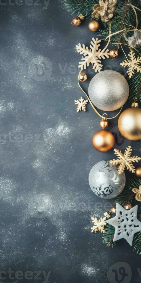 Novo decoração flocos de neve ano texto feriado árvore Natal espaço cartão ouro Natal fundo. generativo ai. foto