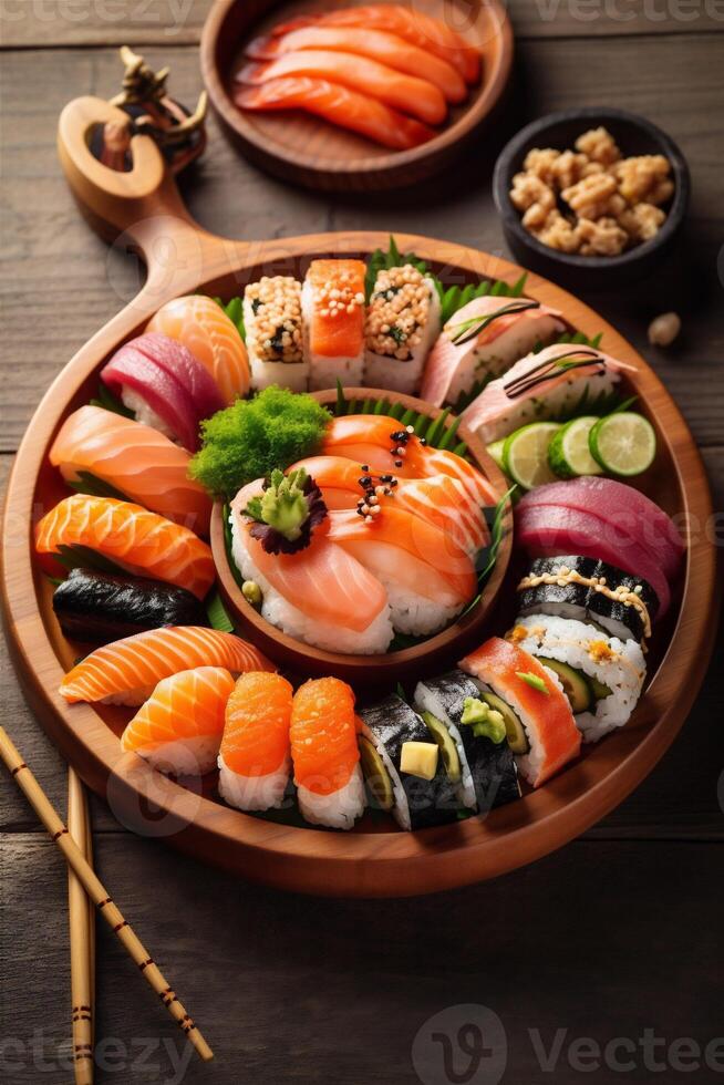 lista peixe Comida Sushi arroz frutos do mar conjunto Japão japonês refeição. generativo ai. foto