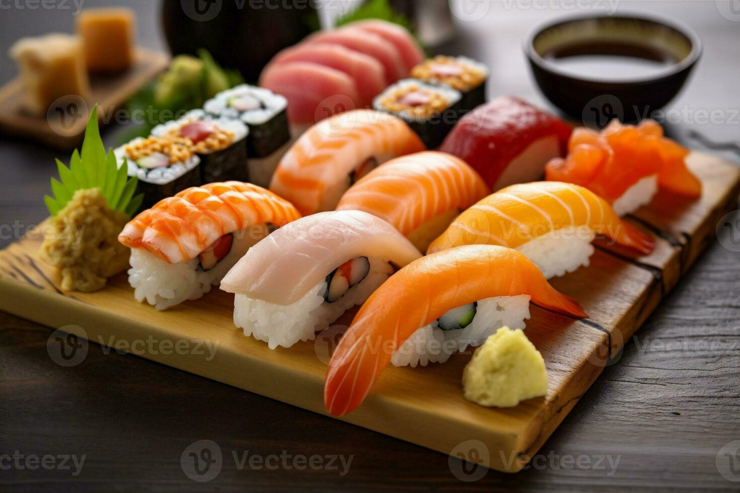 Comida japonês refeição Sushi conjunto Japão arroz peixe frutos do mar rolar. generativo ai. foto