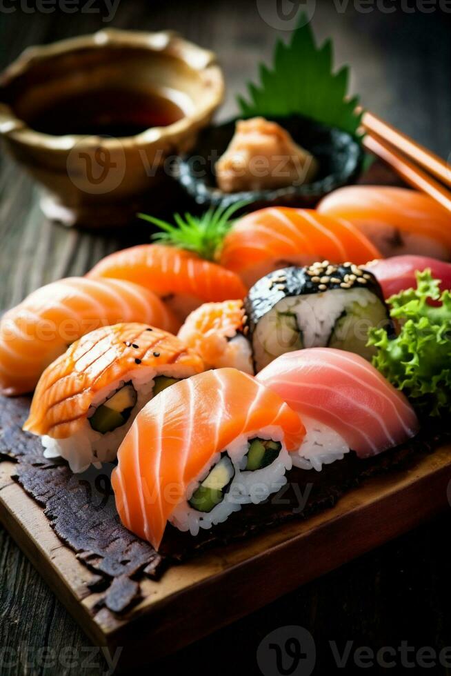 conjunto japonês Sushi lista Comida frutos do mar refeição Japão arroz peixe. generativo ai. foto