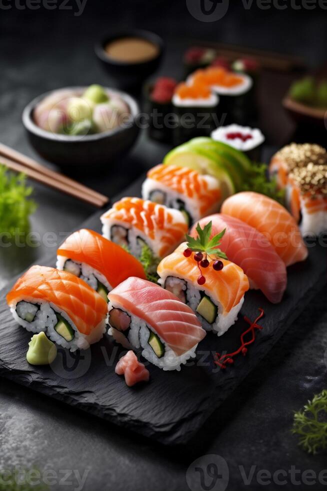 refeição Sushi arroz peixe conjunto frutos do mar Japão Comida lista japonês. generativo ai. foto