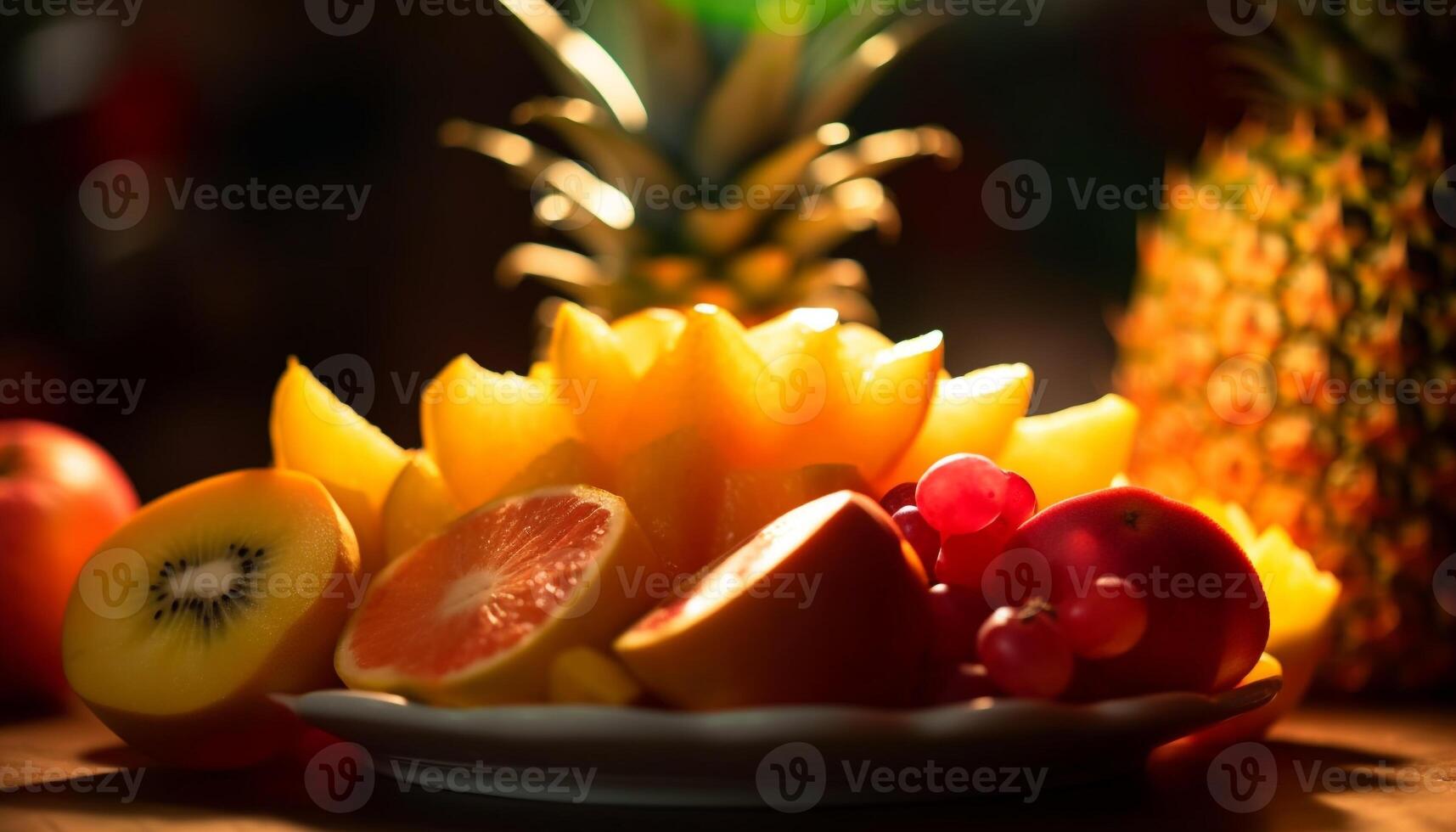 doce, suculento abacaxi fatia em de madeira prato gerado de ai foto