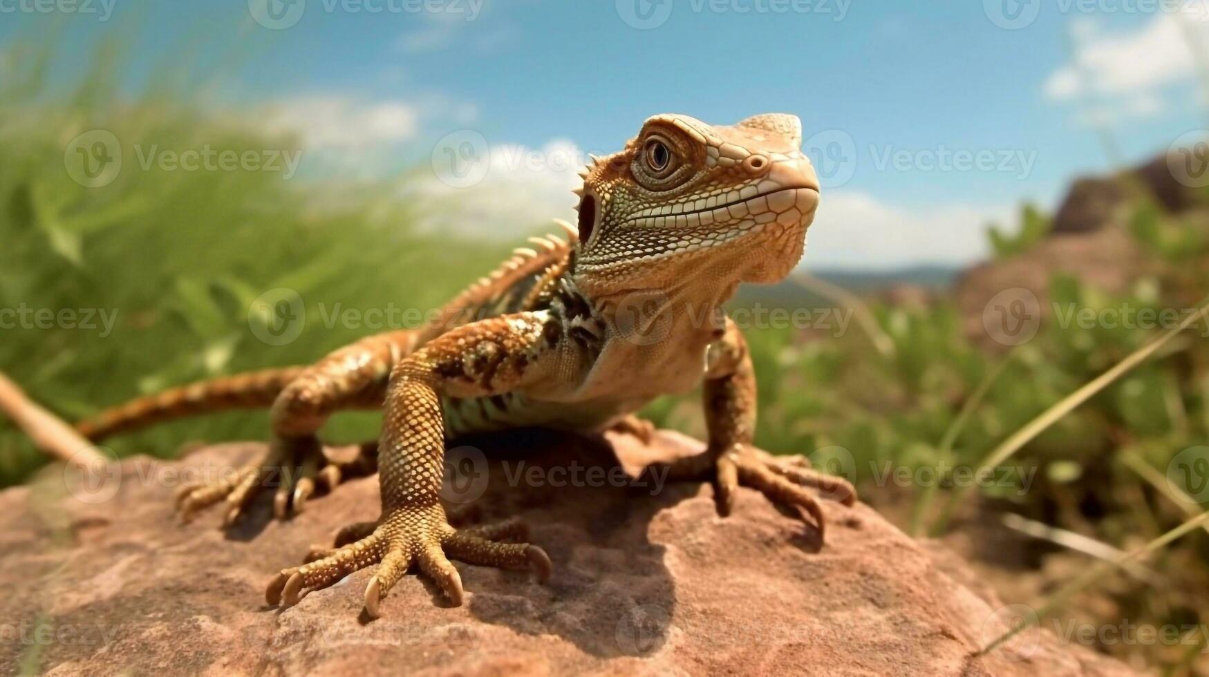 ai generativo foto. lagarto sentado em Castanho pedra dentro a luz solar foto