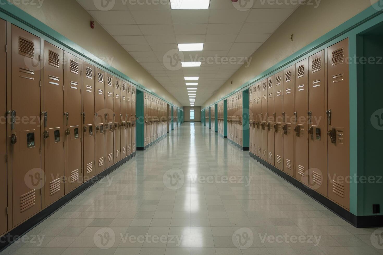 esvaziar escola corredores preenchidas com armários ai gerado foto