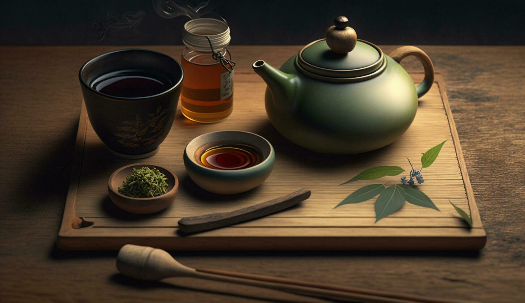 chaleira em madeira mesa quente chá derramando gerado de ai foto