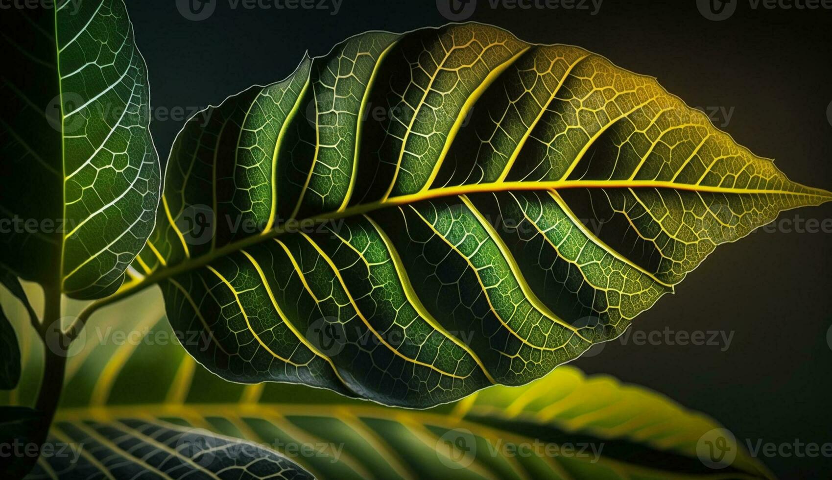 fresco verde folha em Sombrio pano de fundo amarelo veia gerado de ai foto