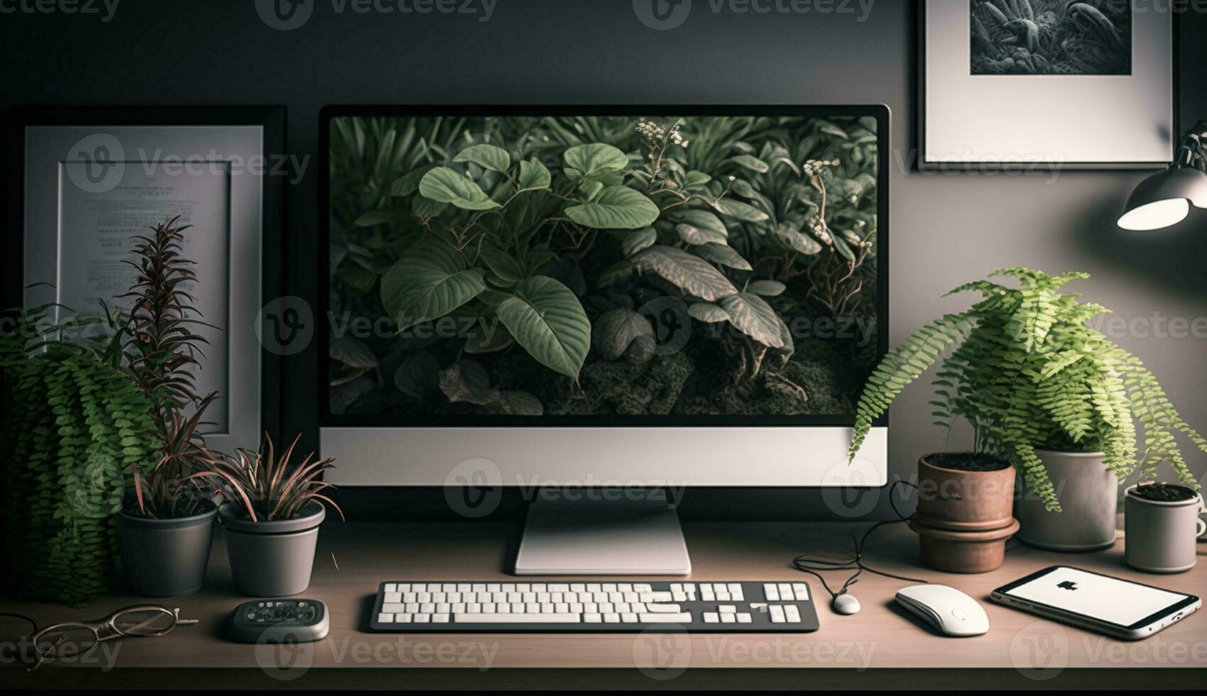 moderno escritório escrivaninha com computador, plantar, e Projeto , generativo ai foto
