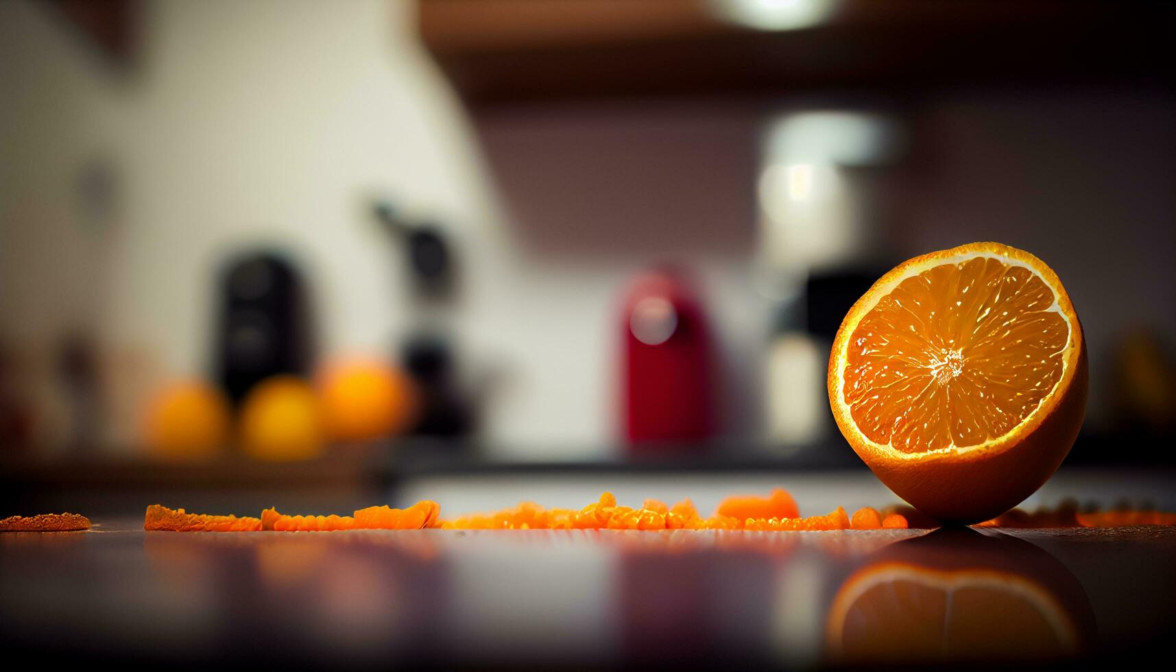 fechar acima laranja citrino fruta metade dentro a cozinha , generativo ai foto