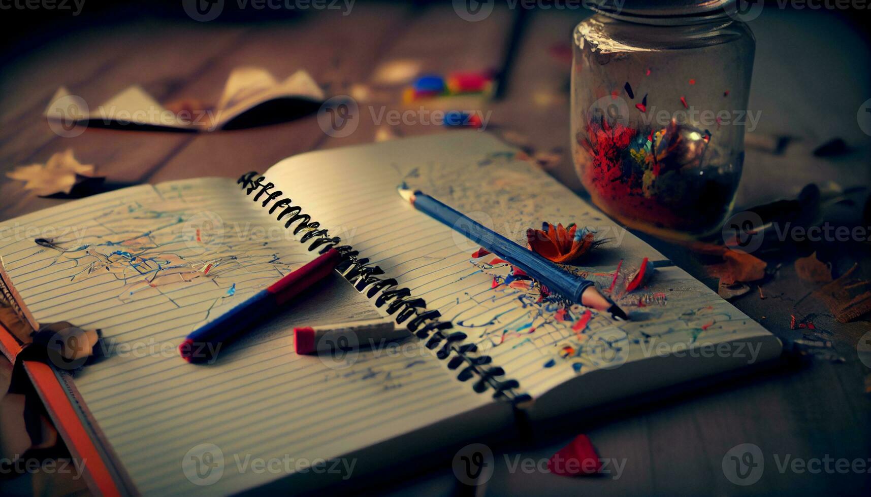caderno e cores dentro escrivaninha , generativo ai foto