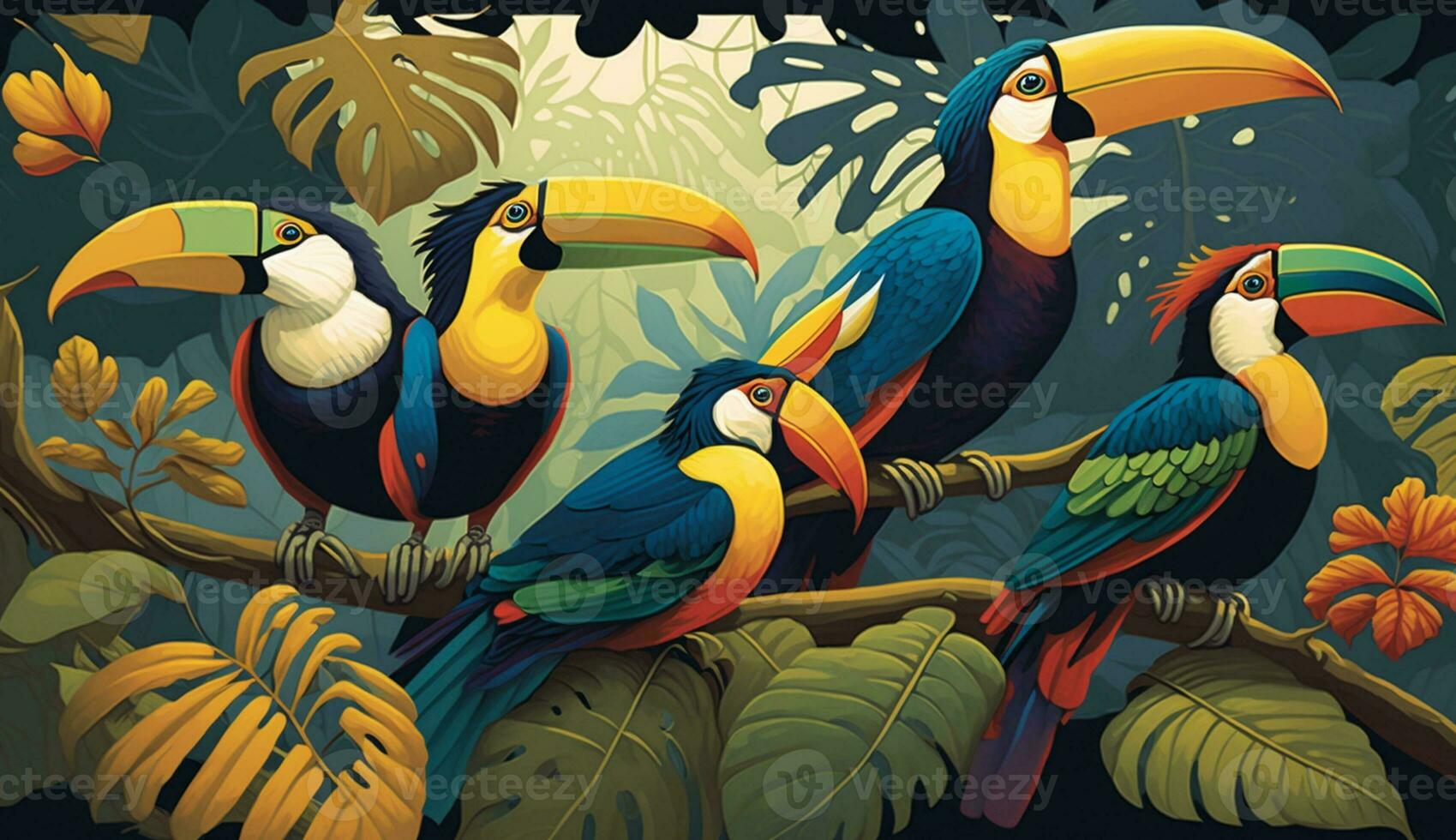 tucano galhos em tropical árvore no meio colorida padrões , generativo ai foto