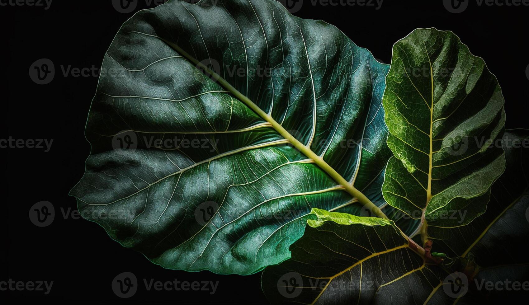 verde folha veias em Sombrio pano de fundo frescor abunda gerado de ai foto