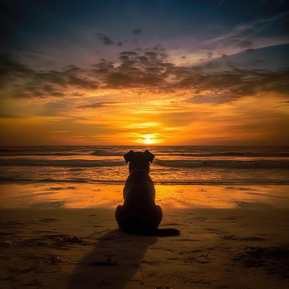 cachorro sentado em uma de praia com pôr do sol dentro a fundo. generativo ai. foto