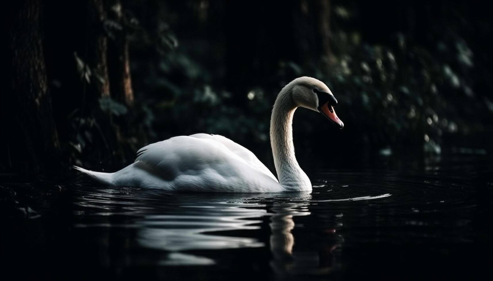 a elegante mudo cisne nada graciosamente dentro tranquilo azul águas gerado de ai foto