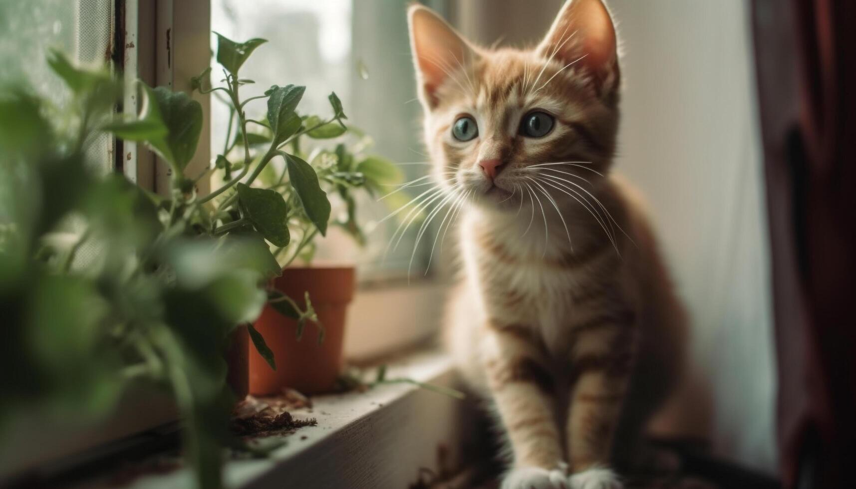 curioso doméstico gatinho encarando Fora janela, brincalhão e fofo gerado de ai foto