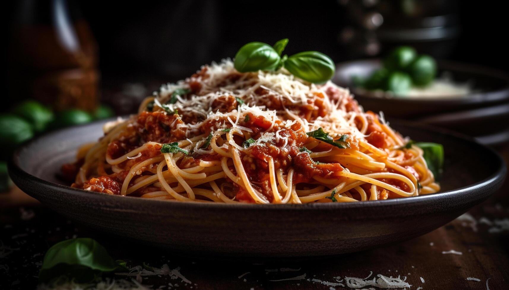 recentemente cozinhou vegetariano bolonhesa massa com parmesão e ervas gerado de ai foto