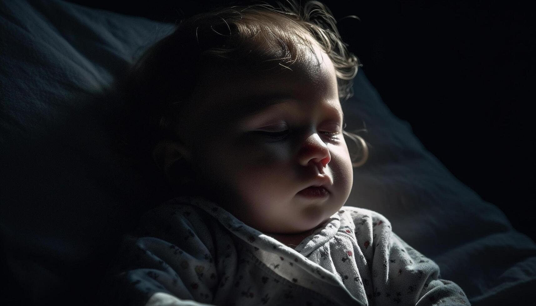 fofa bebê Garoto dormindo pacificamente em uma tranquilo Preto cobertor gerado de ai foto