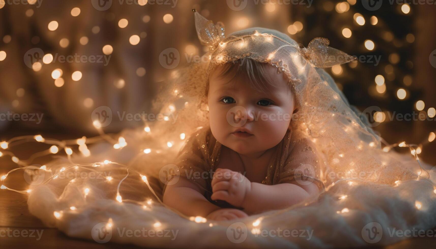 uma alegre recém-nascido bebê menina jogando com uma fofa brinquedo gerado de ai foto