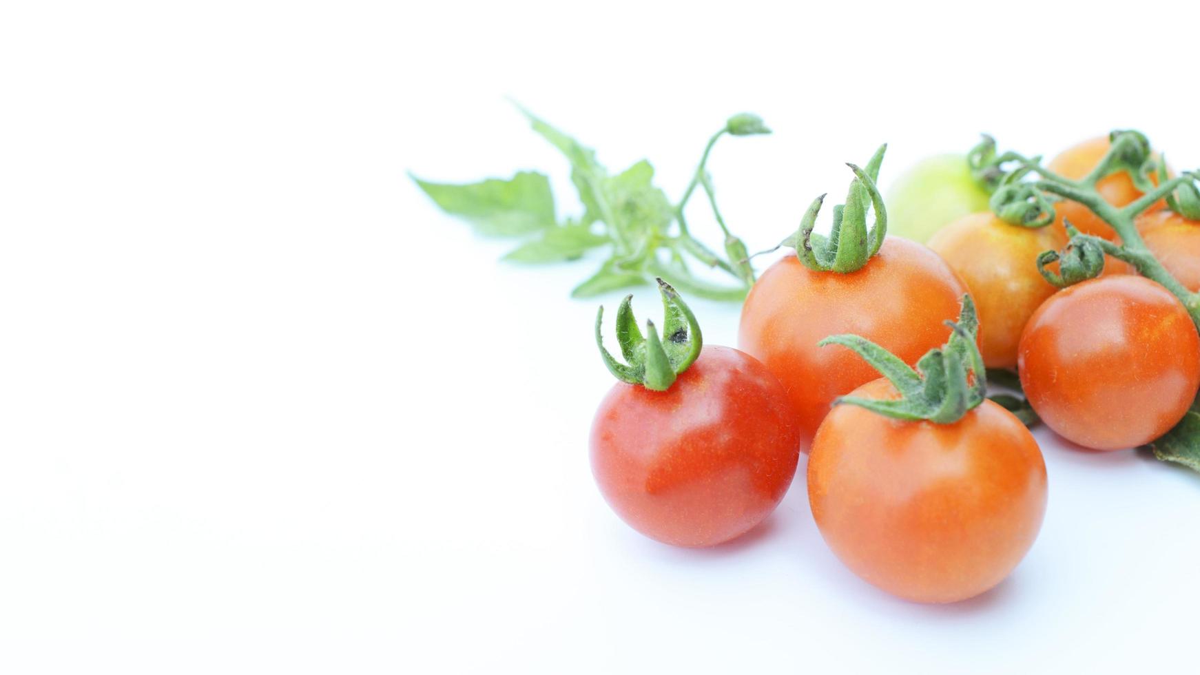 close-up de tomates frescos, vegetais em uma tigela sobre fundo branco foto
