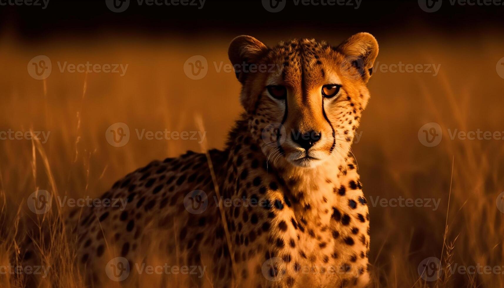 majestoso guepardo anda em através a savana, encarando para dentro pôr do sol gerado de ai foto