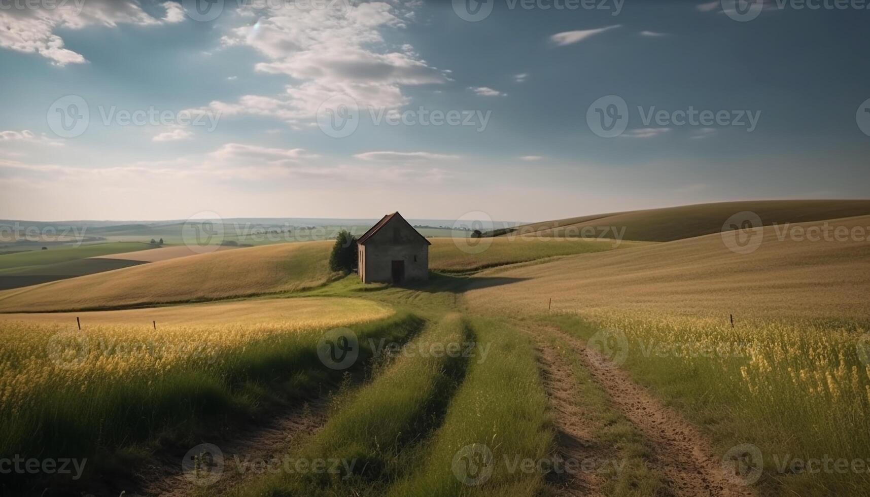 uma tranquilo rural cena com uma lindo pôr do sol sobre a Fazenda gerado de ai foto