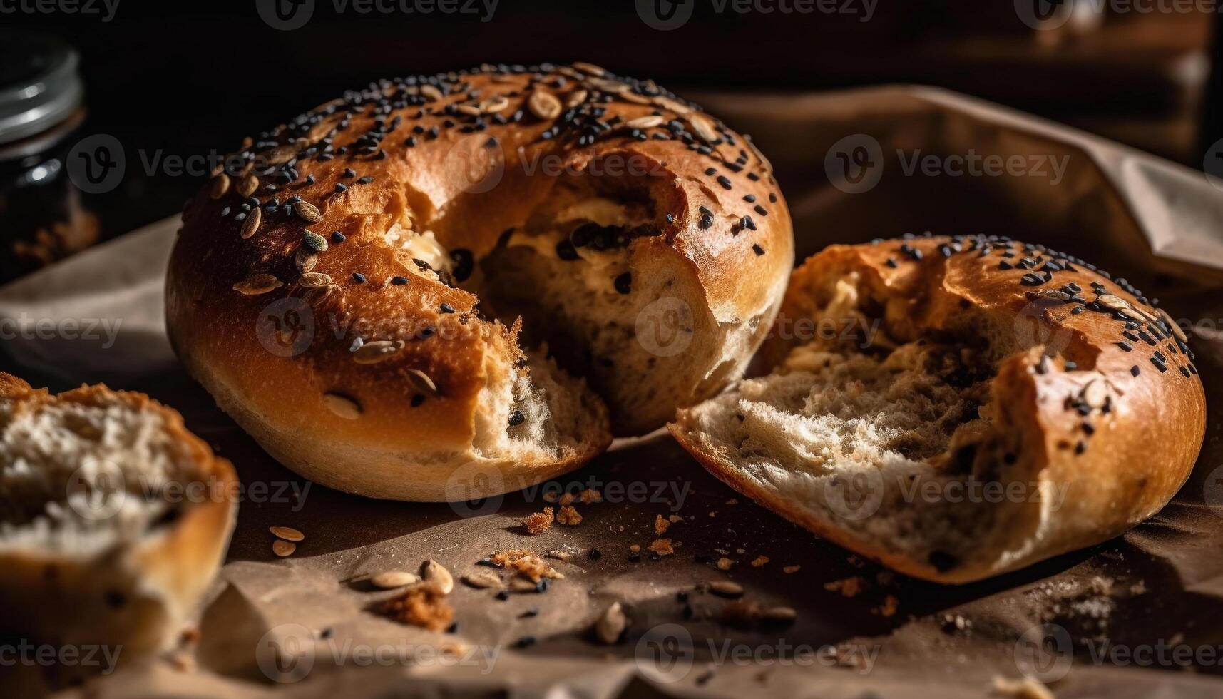 recentemente cozido todo trigo bagel com sésamo sementes em mesa gerado de ai foto