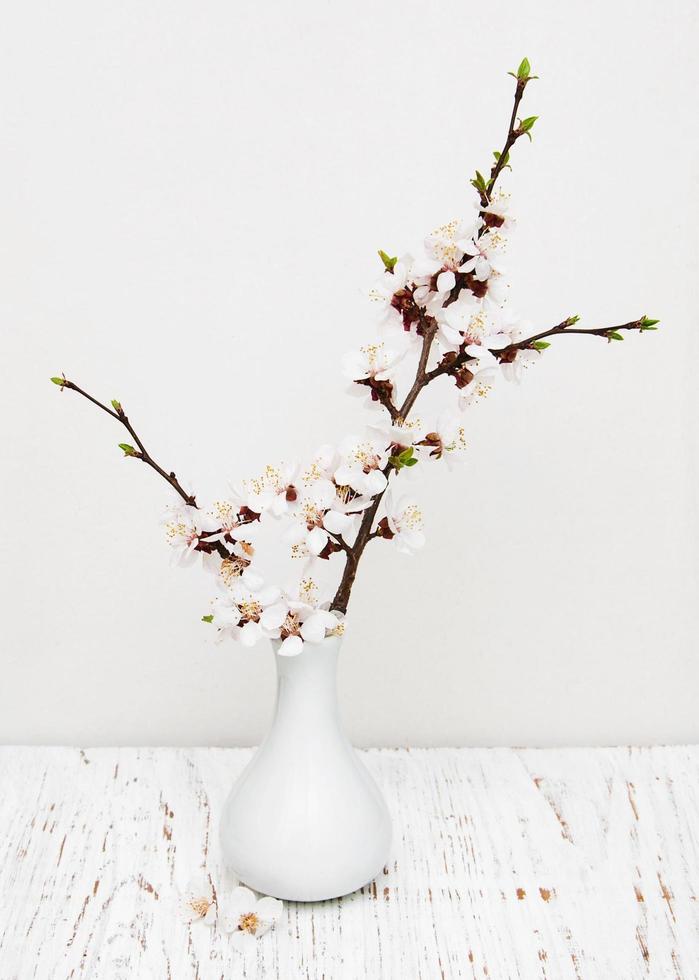 vaso com flor de primavera em fundo de madeira foto