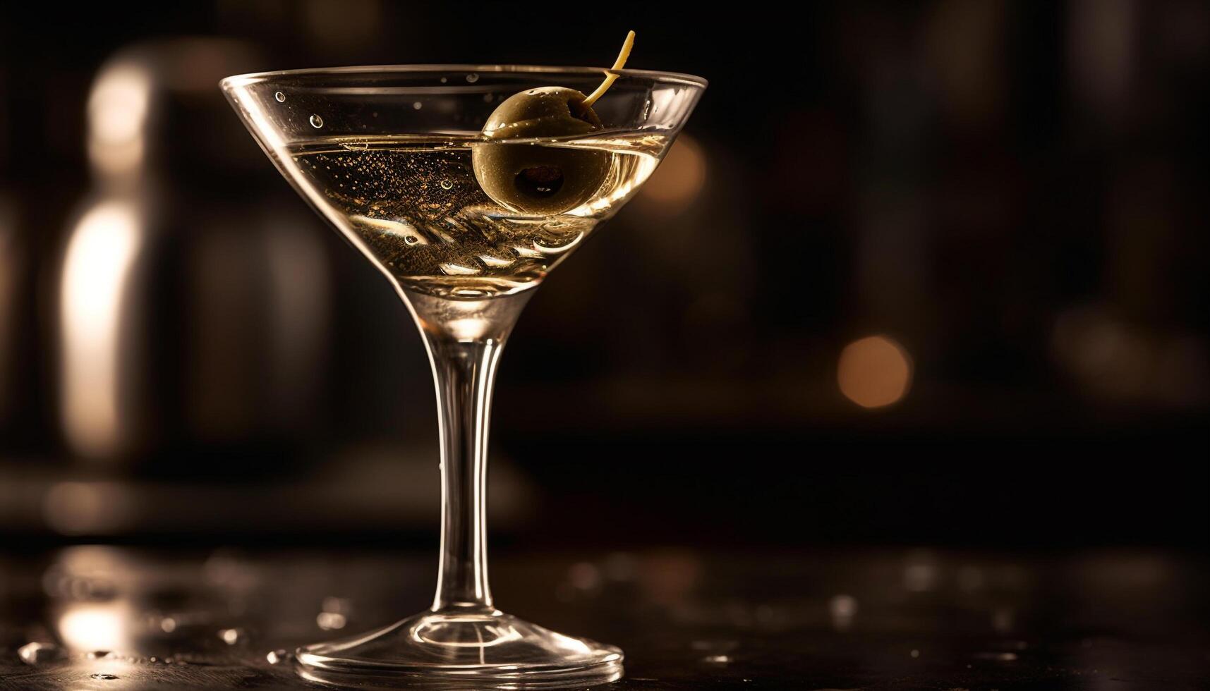 uma refrescante martini, com azeitonas, derramado para dentro uma cristal vidro gerado de ai foto
