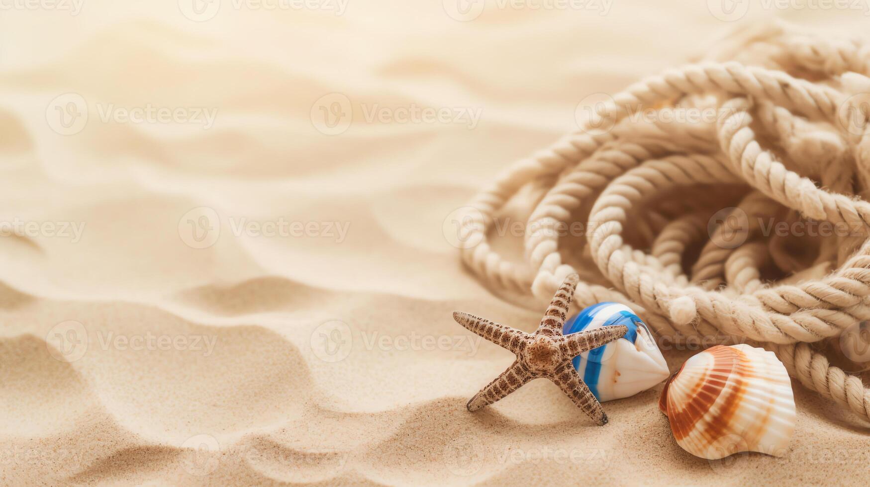 náutico corda com pequeno Concha dentro areia de praia fundo cópia de espaço ai generativo foto