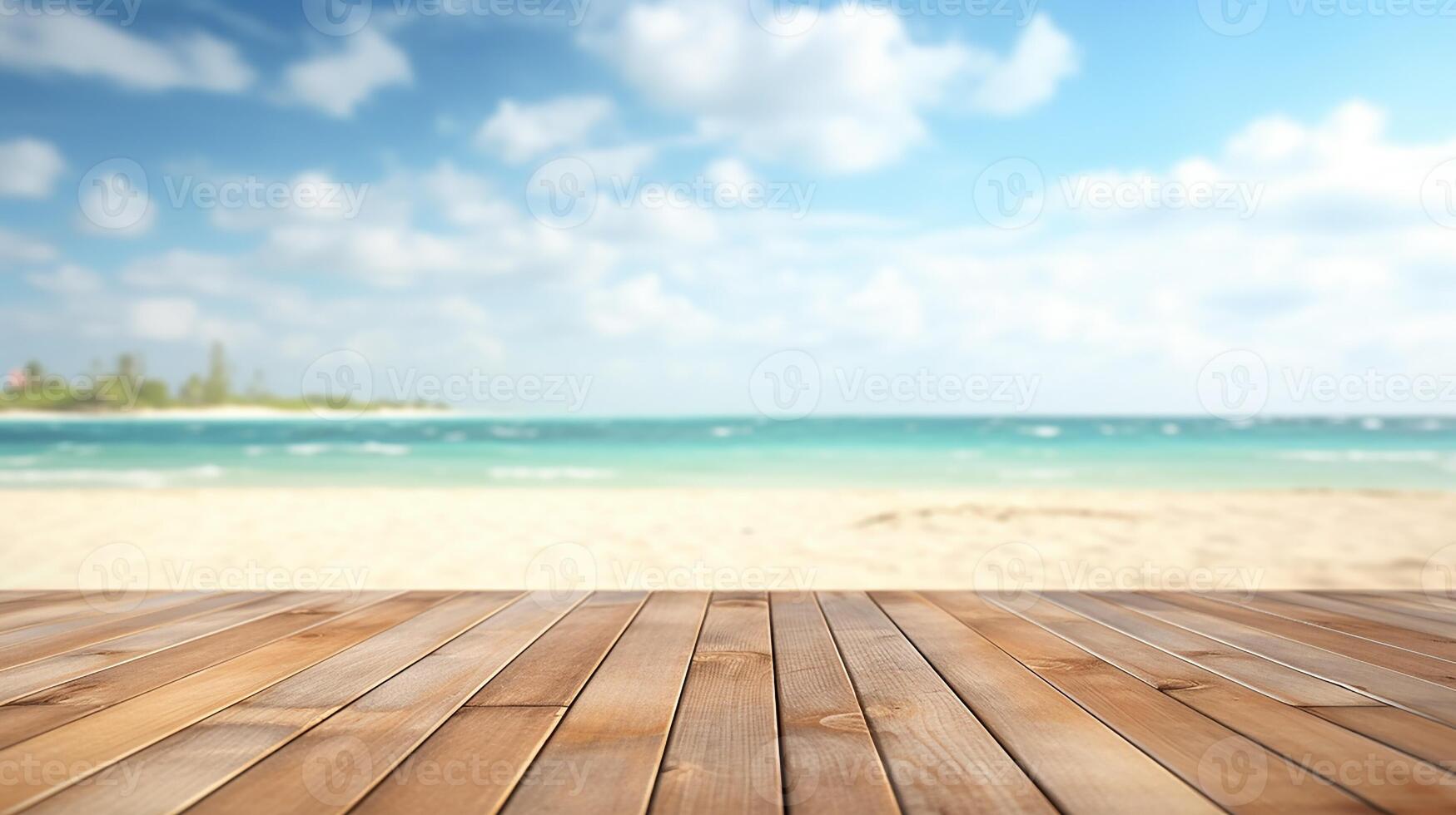 verão conceito. sereno azul céu e claro como cristal águas crio perfeito tropical fundo para verão de praia férias, com esvaziar de madeira cais adicionando toque do rústico charme para ensolarado cena. gerar ai foto