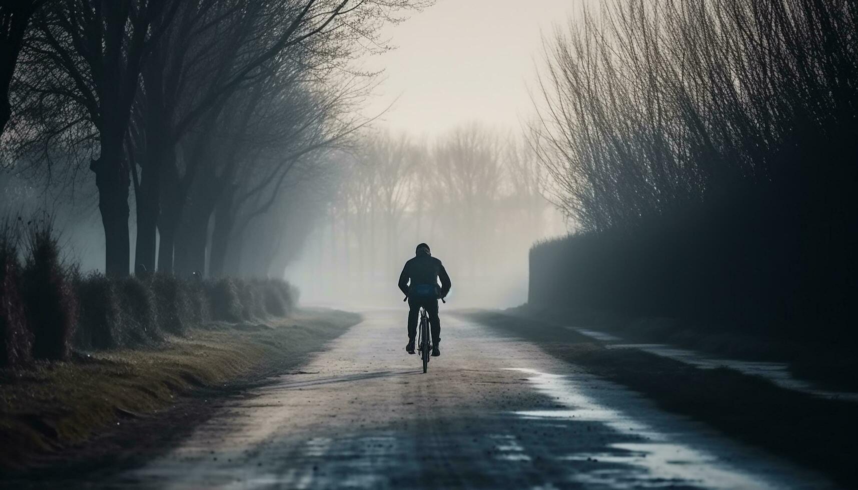 silhueta ciclismo através nebuloso montanha panorama sozinho gerado de ai foto