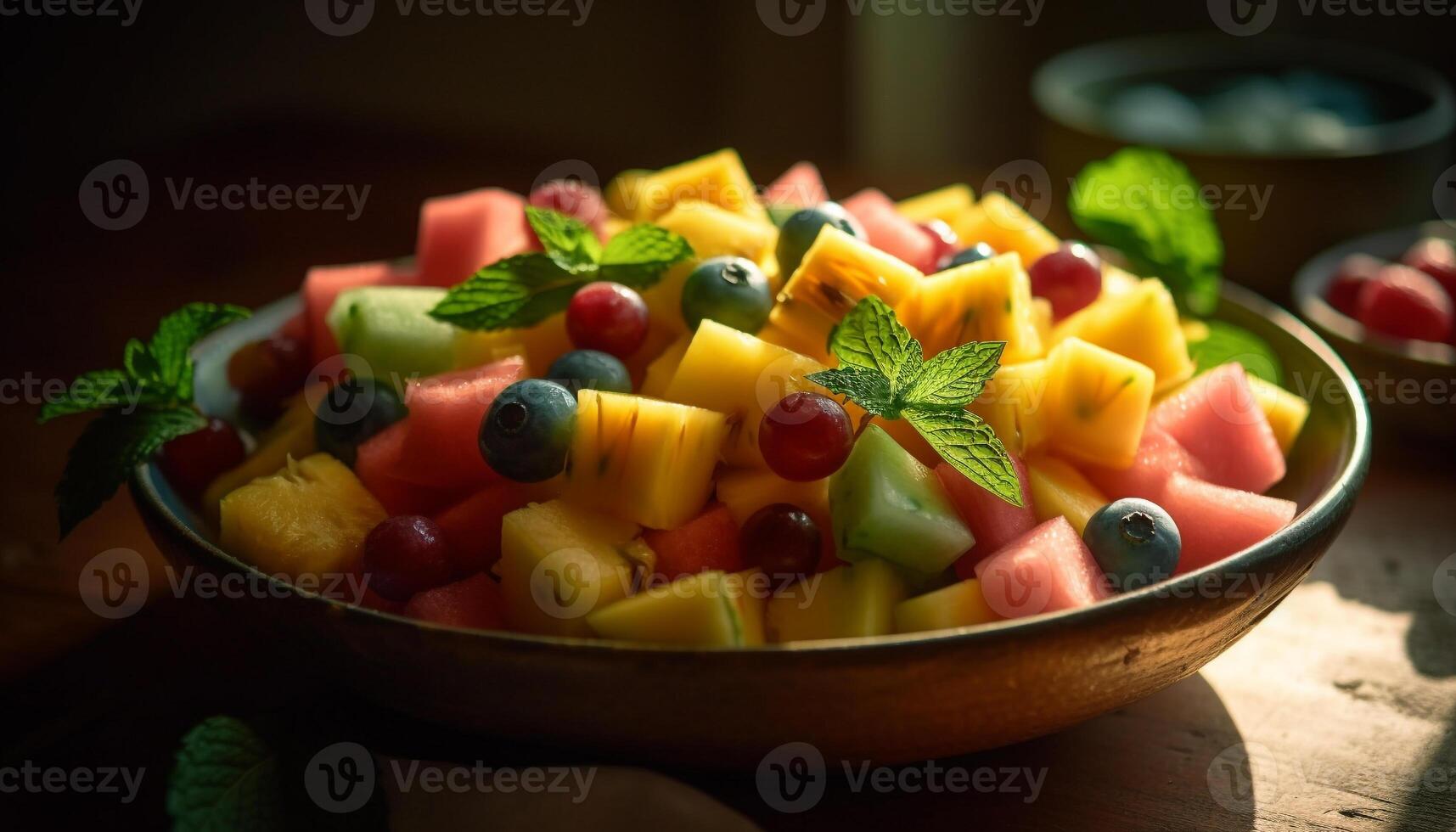 fresco fruta salada tigela, saudável gourmet refeição gerado de ai foto