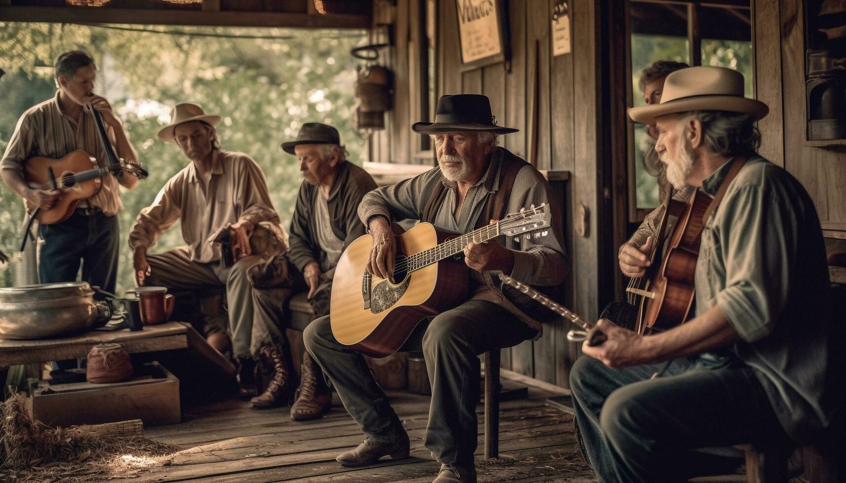 Senior homens jogando guitarra, desfrutando musical união gerado de ai foto