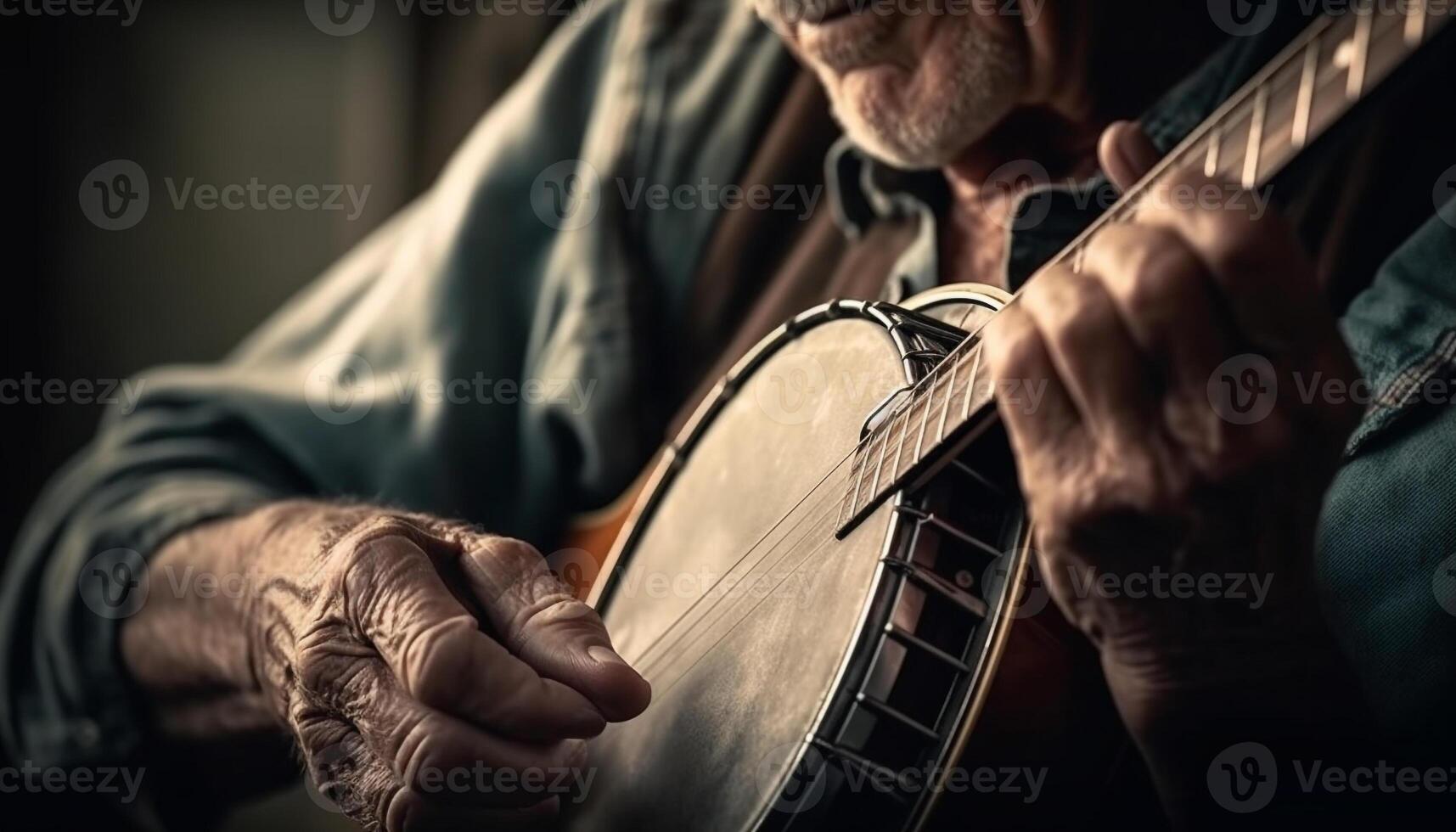 Senior guitarrista arrancar acústico cordas com habilidade gerado de ai foto