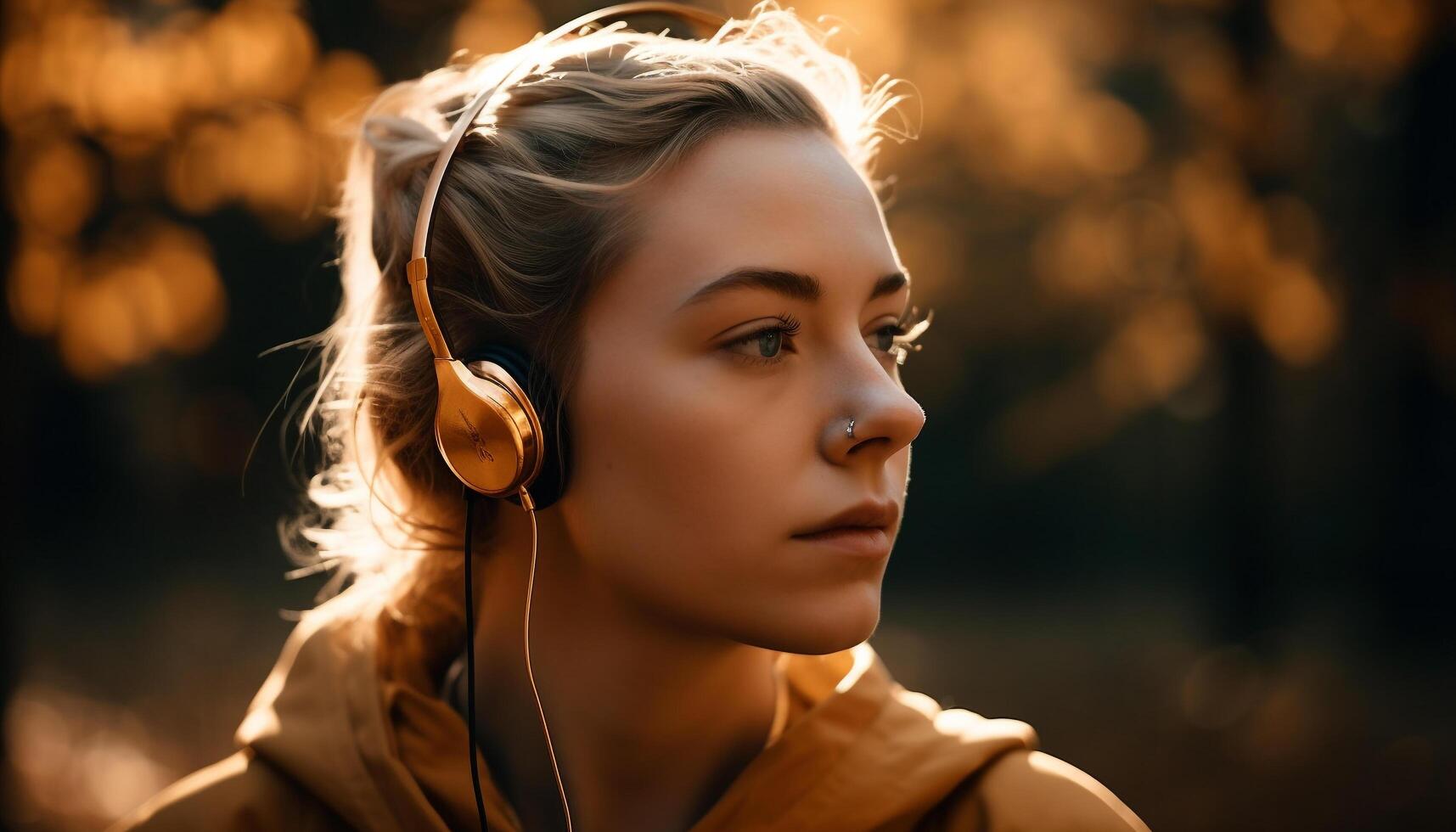 jovem mulher desfrutando natureza, ouvindo com fones de ouvido gerado de ai foto