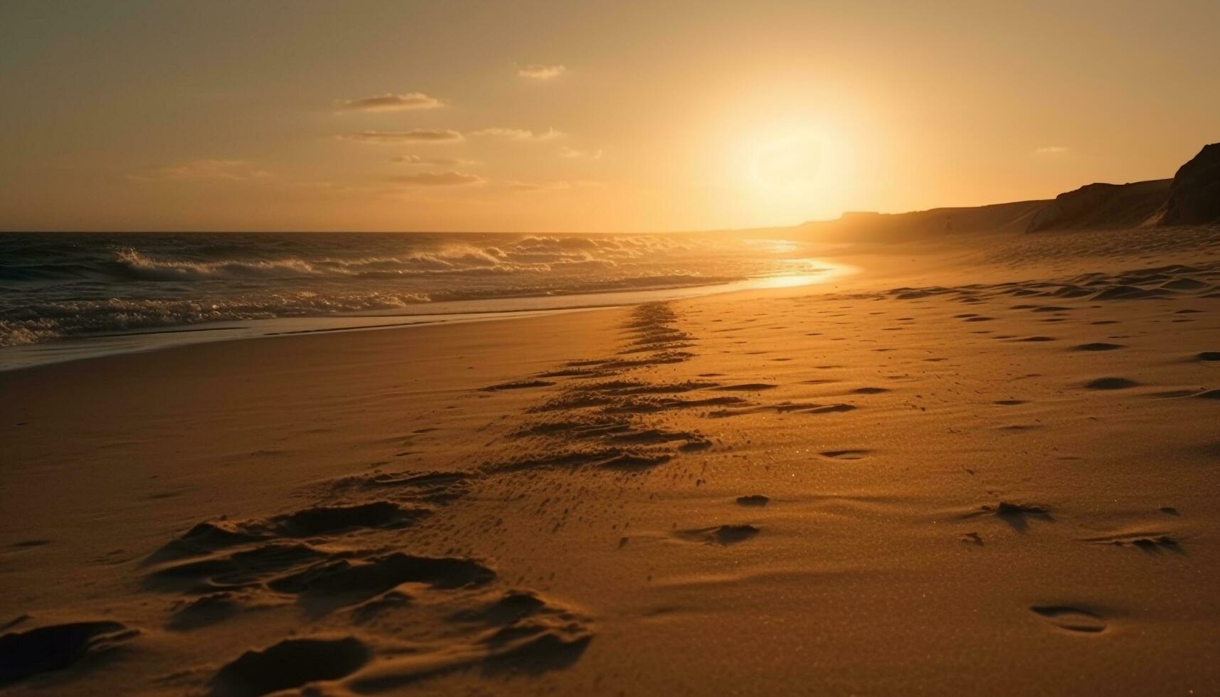 dourado horizonte sobre tranquilo águas, não pessoas gerado de ai foto