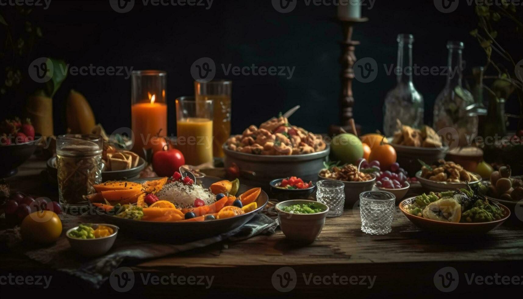 rústico refeição celebração em de madeira mesa decoração gerado de ai foto