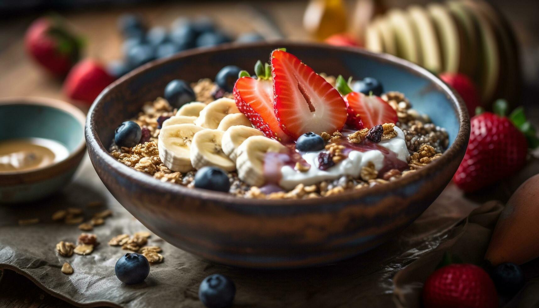 uma saudável tigela do iogurte, granola, e bagas gerado de ai foto