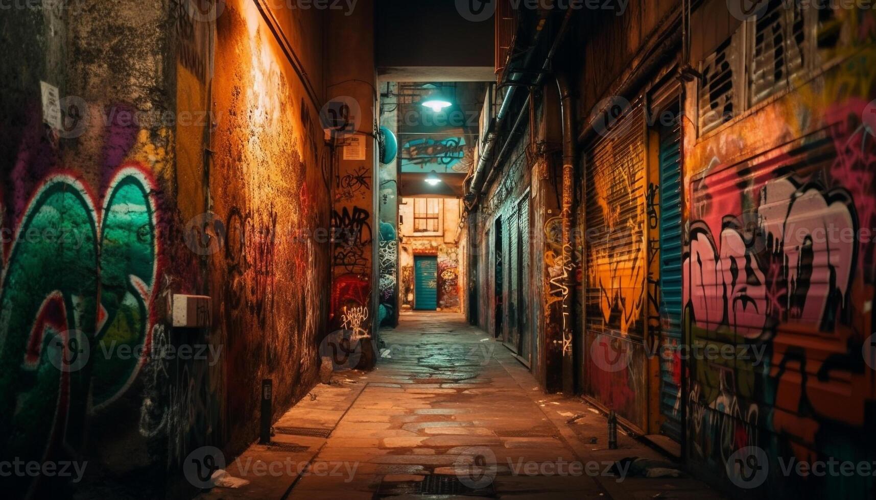 abandonado pintura loja, grafite, assustador noite andar gerado de ai foto