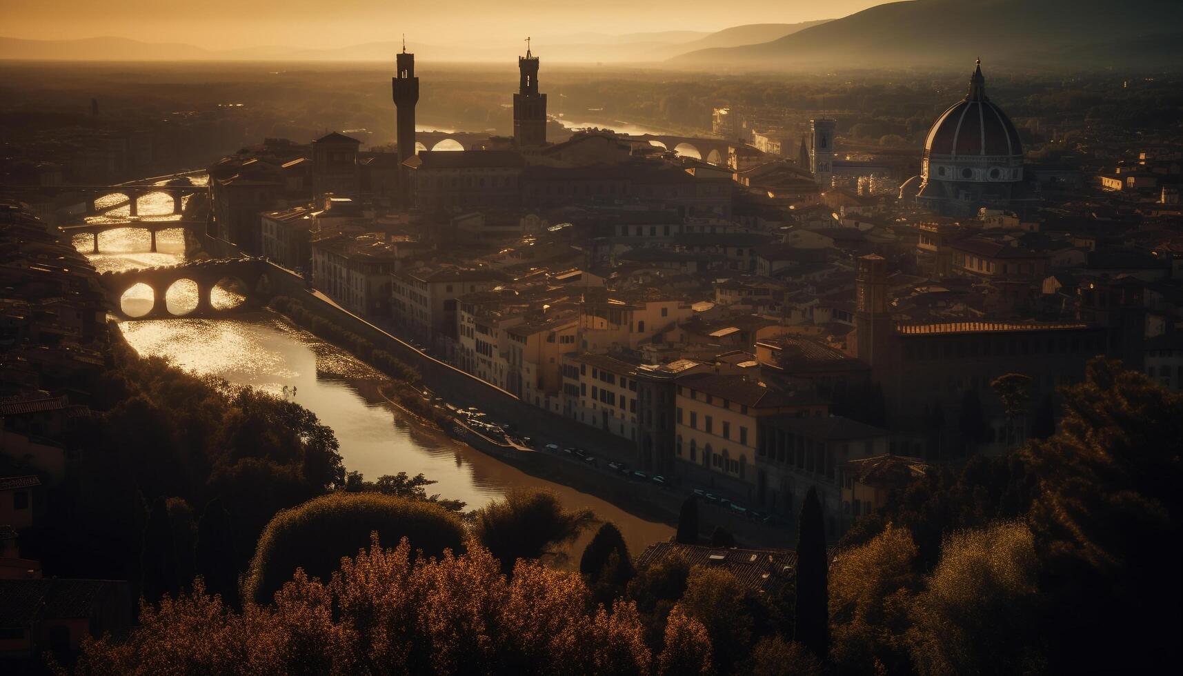 medieval basílica no topo italiano cidade iluminado às pôr do sol gerado de ai foto