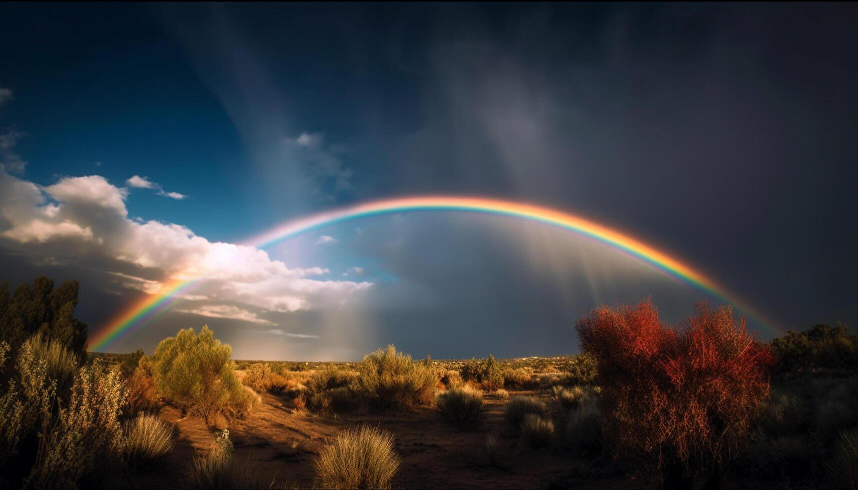 majestoso arco Iris ilumina rural horizonte às crepúsculo gerado de ai foto