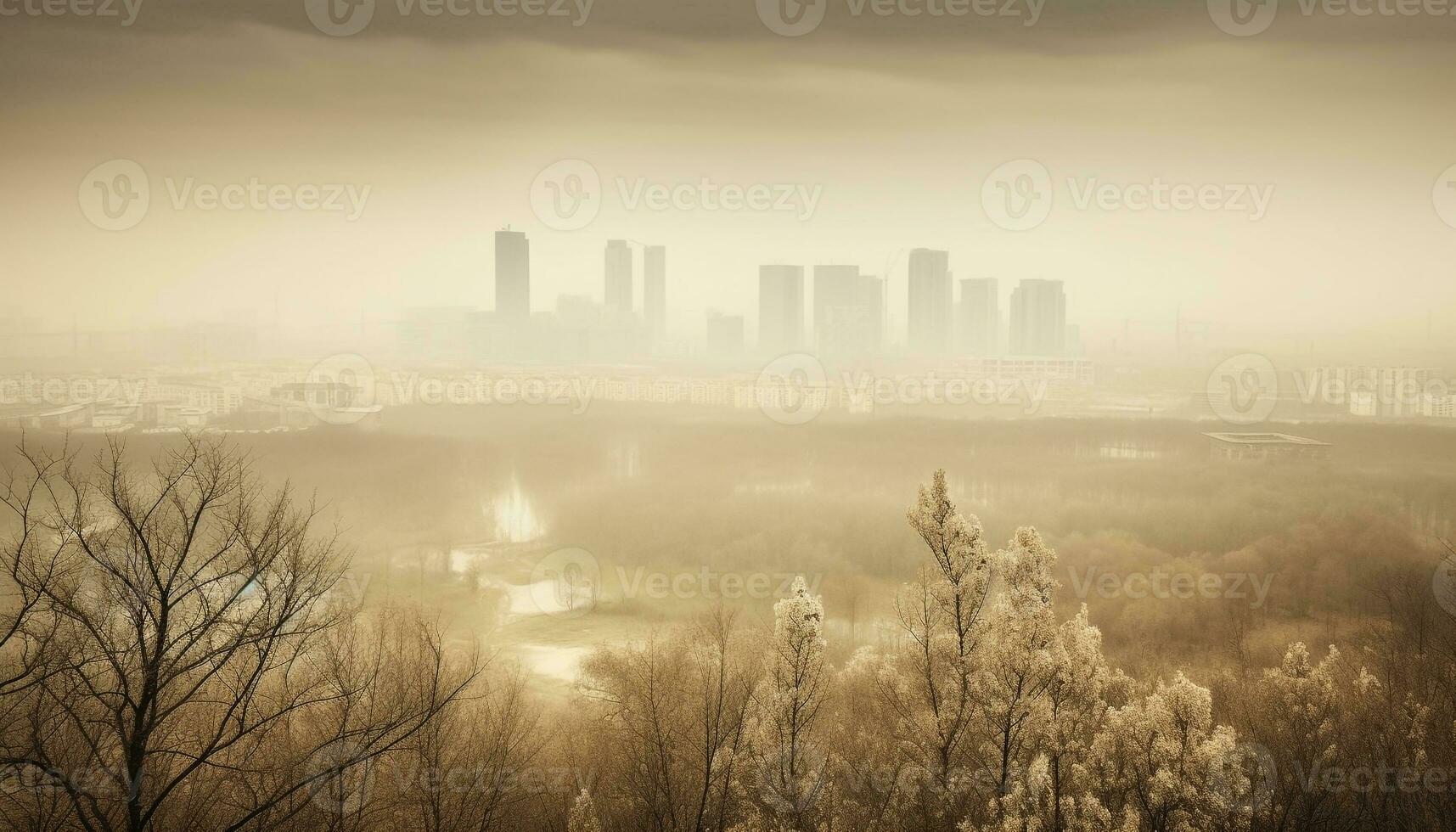 silhueta do paisagem urbana, tranquilo névoa sobre arranha-céu gerado de ai foto