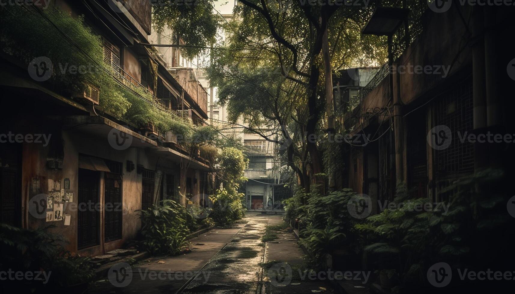 assustador noite dentro velho cidade, iluminado janelas gerado de ai foto